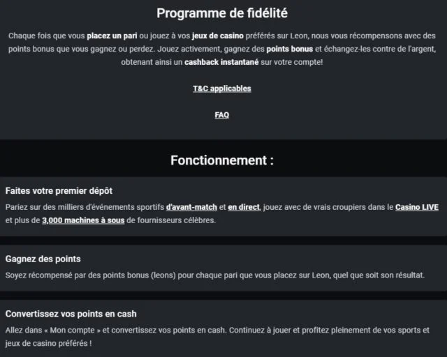 Programme VIP sur leon casino