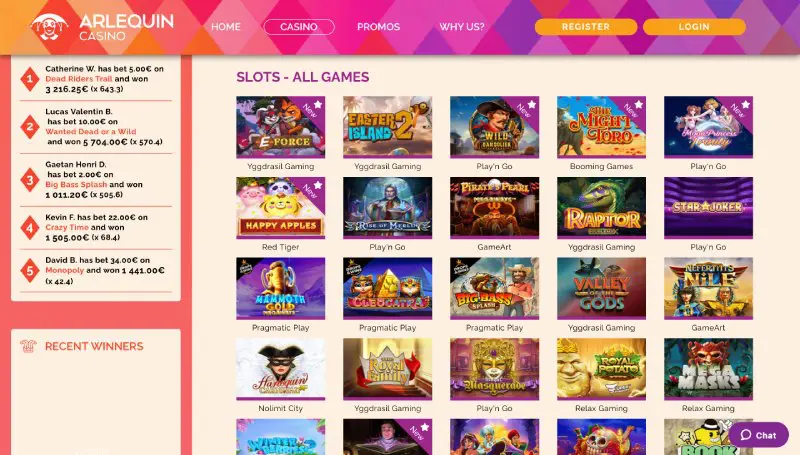 jeux disponibles sur Casino Arlequin