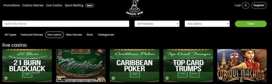 jeux en direct sur magic win casino