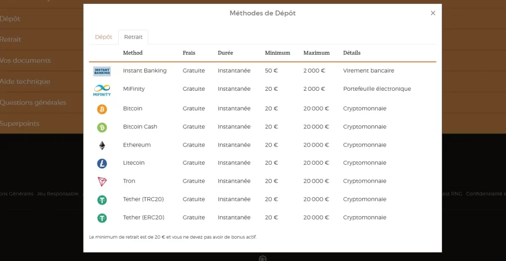 Les dépôts d'argent sur DublinBet