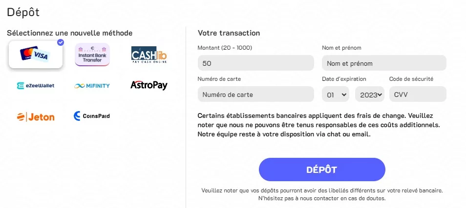dépôts d'argent sur le casino Banzai